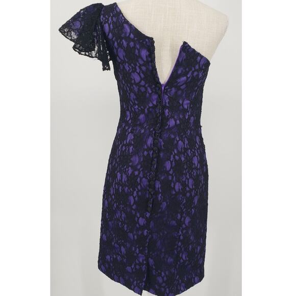 Mori Lee One Shoulder Lace Cocktail Dress 0 Sheath Ruffle Ruched Black Purple - Picture 2 of 10